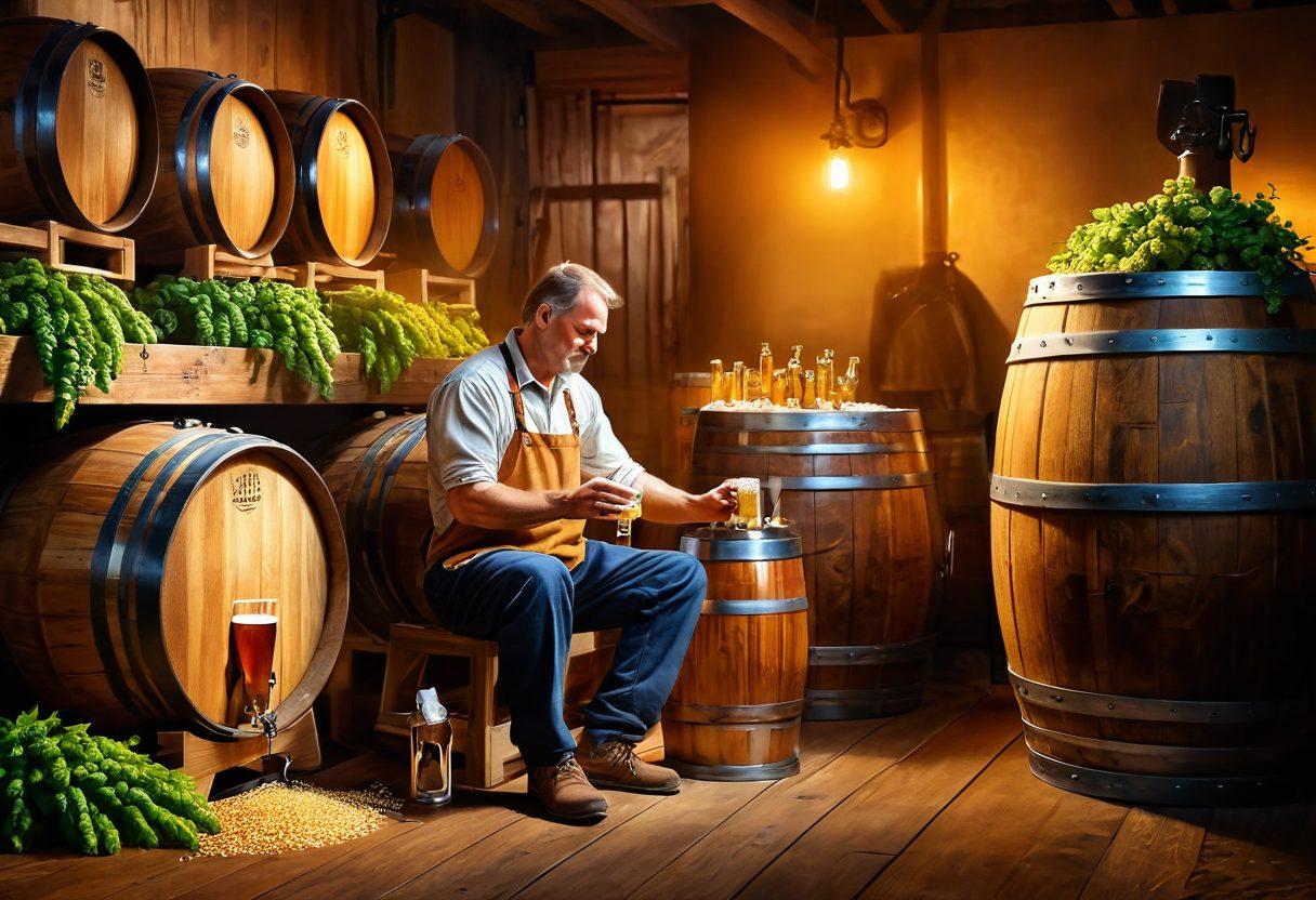 An inviting rustic brewery scene with a warm glow, featuring a master brewer carefully pouring golden artisanal beer into a frosted glass surrounded by hops and barley. The background showcases wooden barrels and brewing equipment, evoking a sense of craftsmanship and tradition. Soft light illuminates the scene to enhance a cozy atmosphere. vibrant colors. painting.