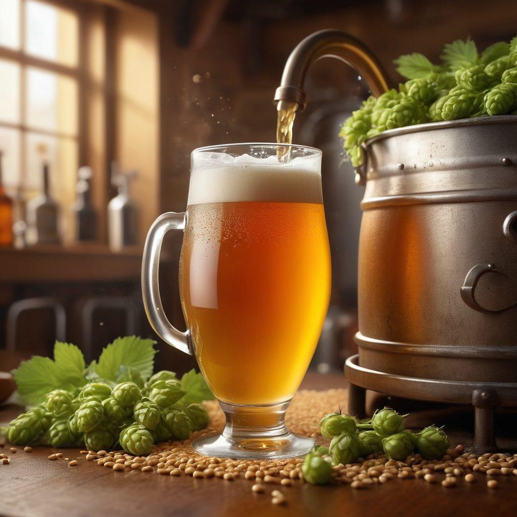 A beautifully arranged scene showcasing the beer-making process: a golden frothy beer in a glass, surrounded by fresh hops, barley grains, and brewing equipment. In the background, a skilled brewer is carefully pouring ingredients into a kettle, with warm lighting enhancing the cozy atmosphere. Add an artistic touch of bubbles and steam rising for a dynamic feel. super-realistic. warm tones. soft focus.