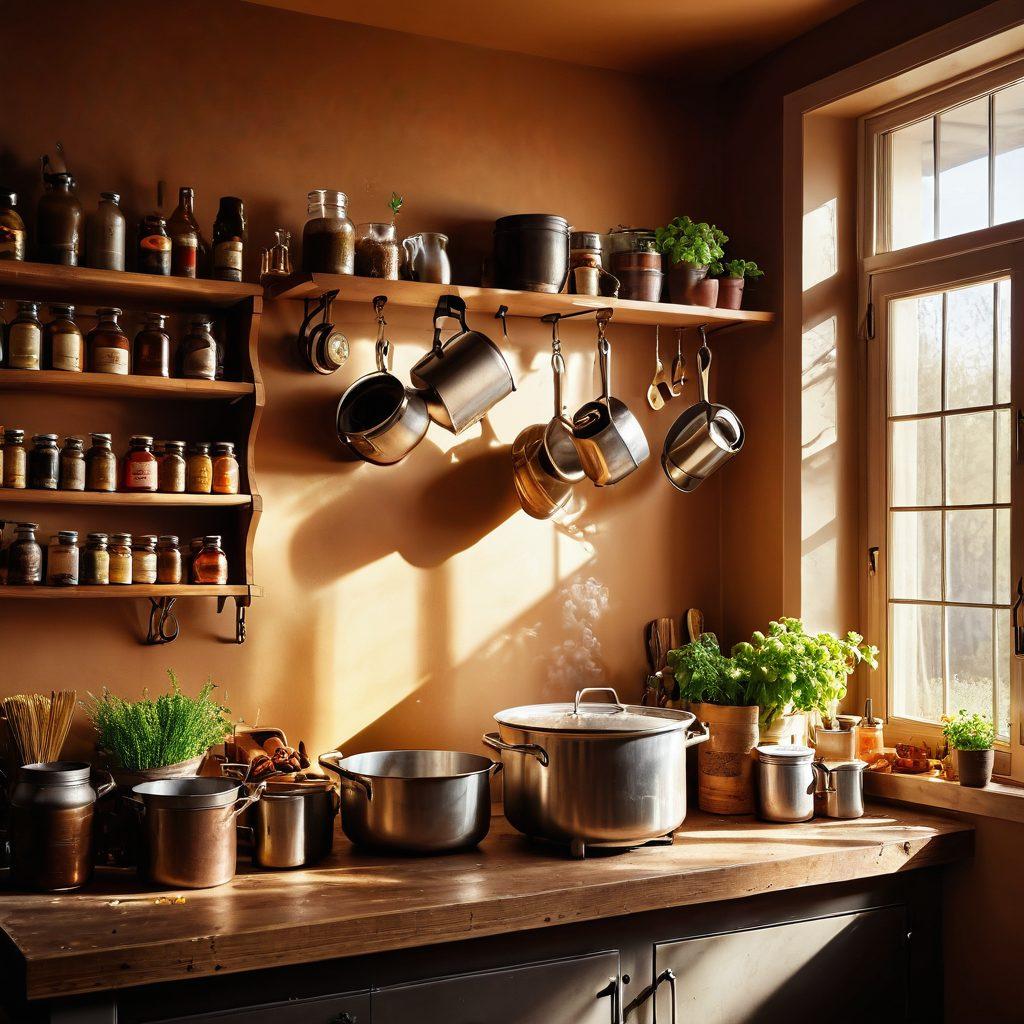 A cozy homebrewing setup featuring a warm, rustic kitchen with brewing equipment scattered around, showcasing hops, grains, and bottles filled with various homemade beers. A person is stirring a large pot with steam rising, while sunlight filters through a window, illuminating the scene with a sense of warmth and passion for craft. Include elements of love, like heart-shaped decorations or handwritten recipes on the countertop. painting. warm color palette. vintage style.